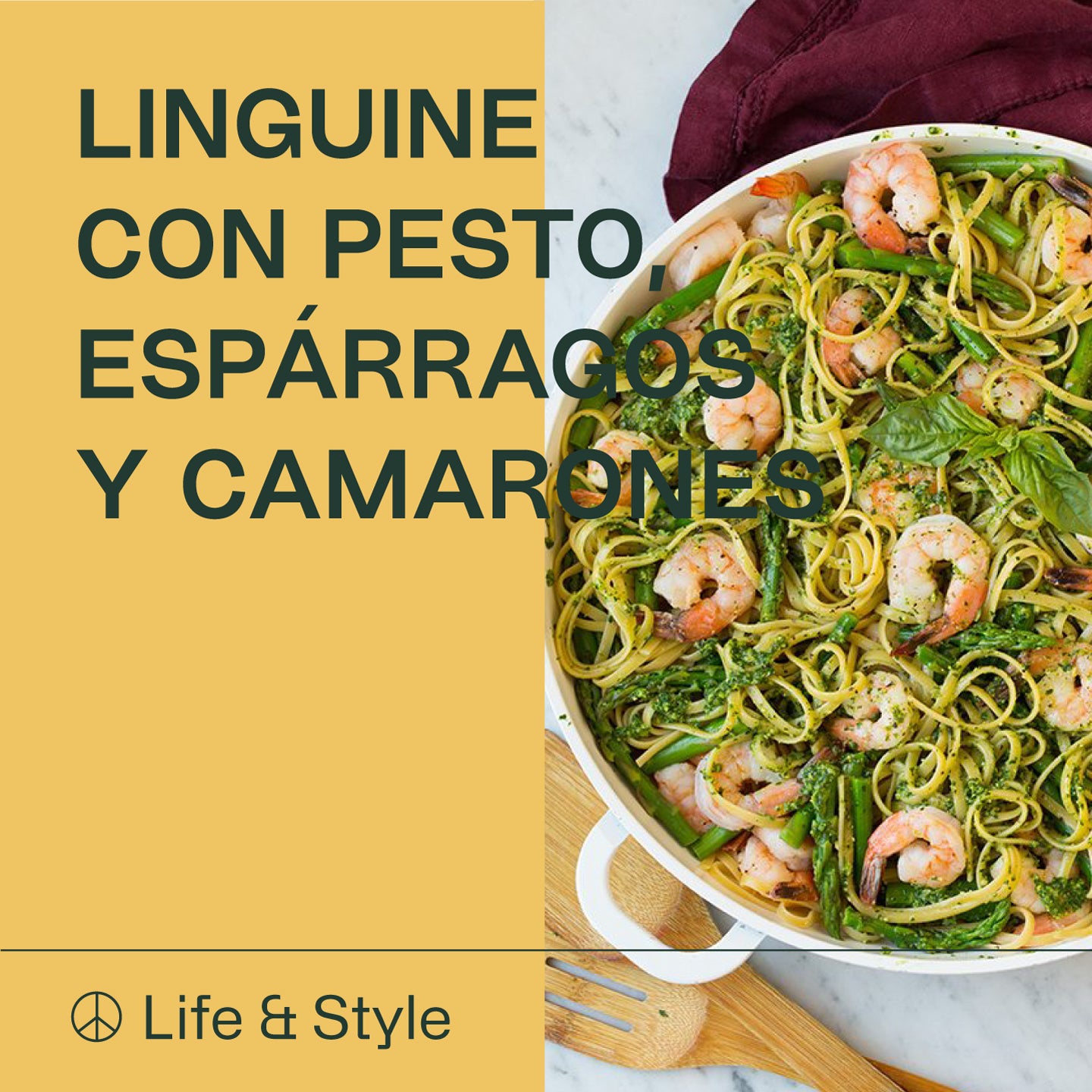 Linguine con pesto, espárragos y camarones