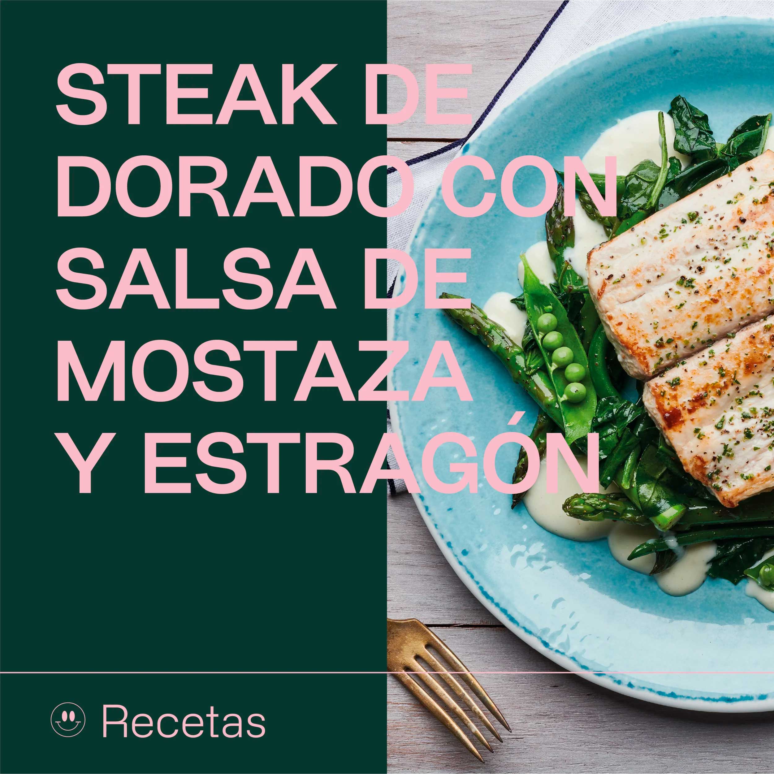 STEAK DE DORADO A LA PLANCHA CON SALSA DE MOSTAZA Y ESTRAGÓN, ESPARRAGOS Y GUISANTES