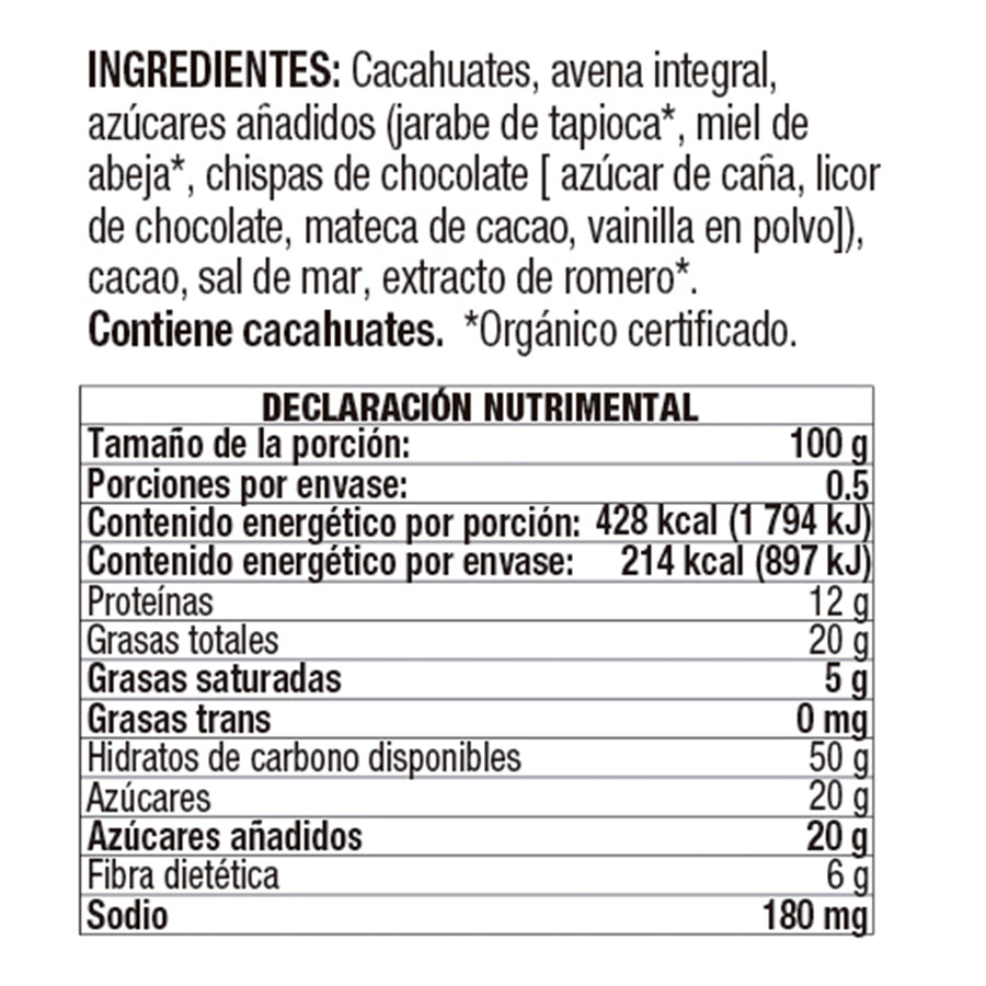 Barra de Avena con Crema de Cacahuate Orgánico y Chocolate sin Gluten