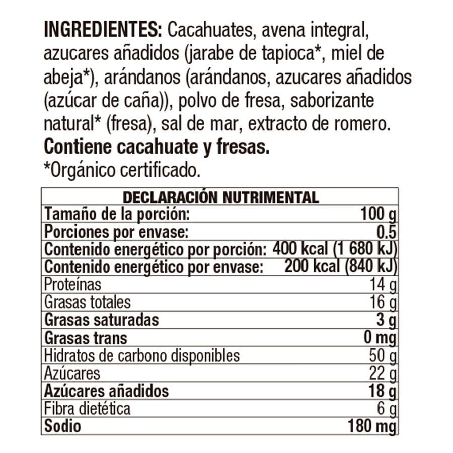 Barra de Avena con Crema de Cacahuate y Fresa Orgánica sin Gluten