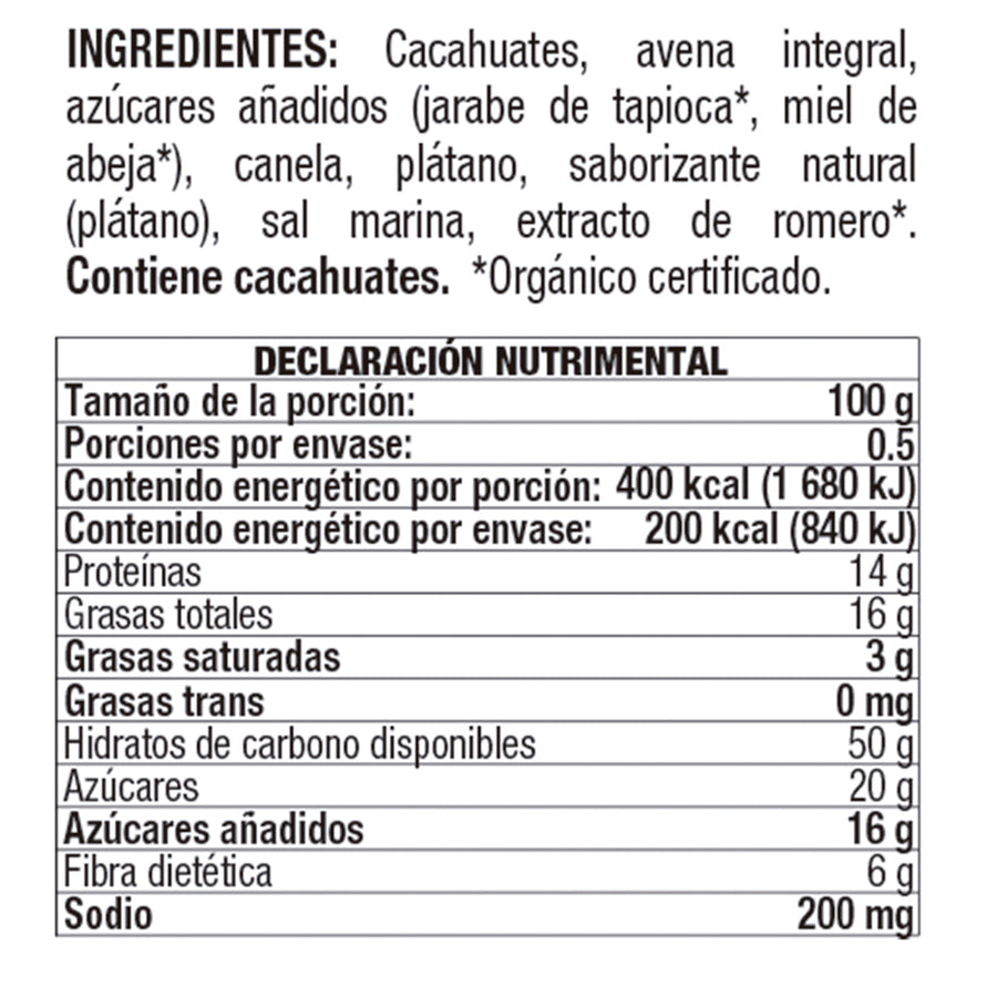 Barra de Avena con Mantequilla de Cacahuate Orgánico y Platano sin Gluten